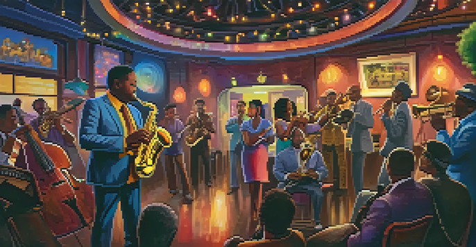 A lively jazz club with musicians playing a ukulele, saxophone, and trumpet, creating an energetic atmosphere for the audience.