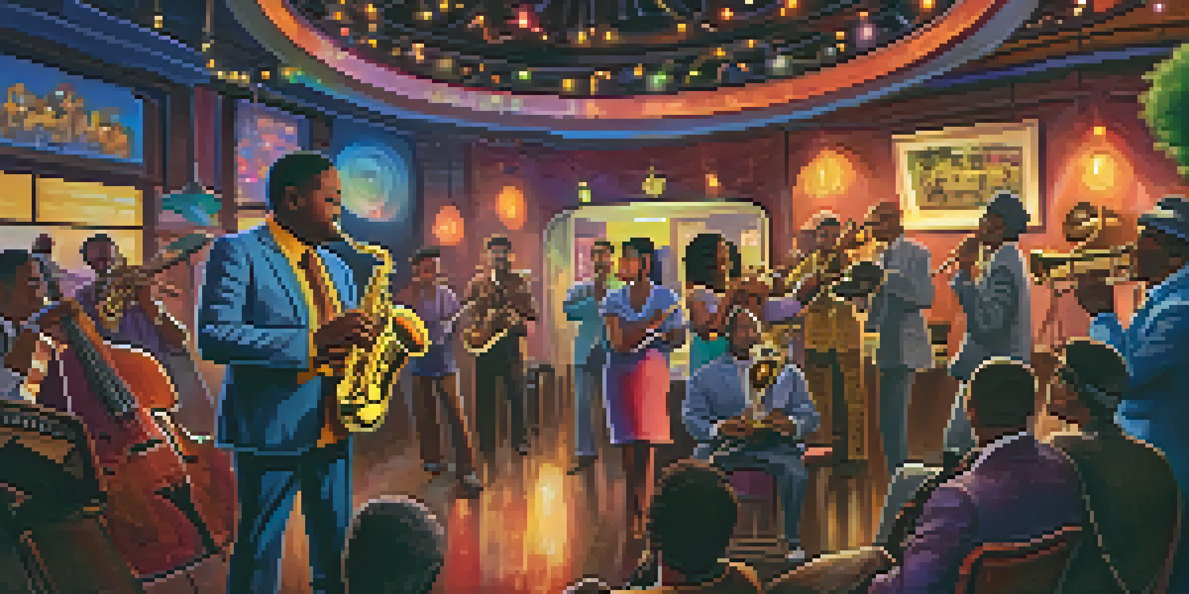 A lively jazz club with musicians playing a ukulele, saxophone, and trumpet, creating an energetic atmosphere for the audience.