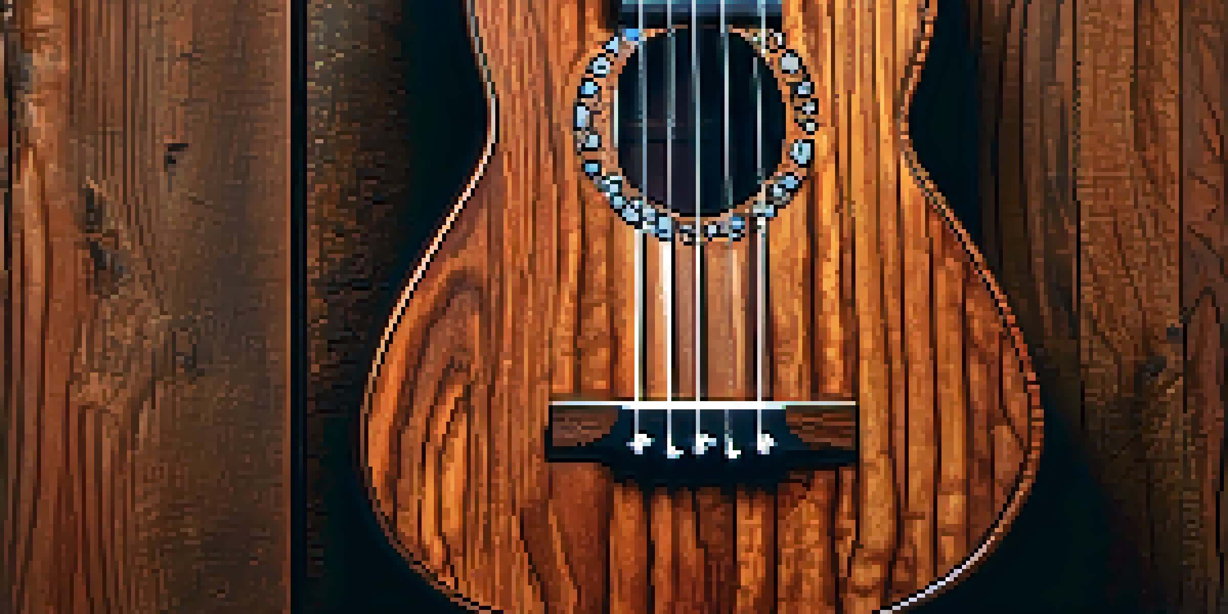 A close-up view of a handcrafted ukulele made from reclaimed mahogany, featuring intricate designs and warm lighting.