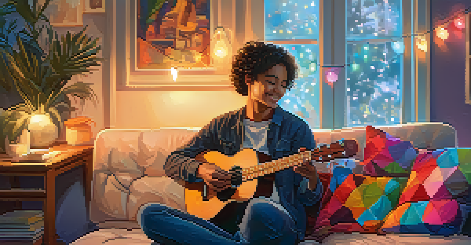 A young person playing a ukulele on a couch, surrounded by cushions and warm lighting in a cozy room.