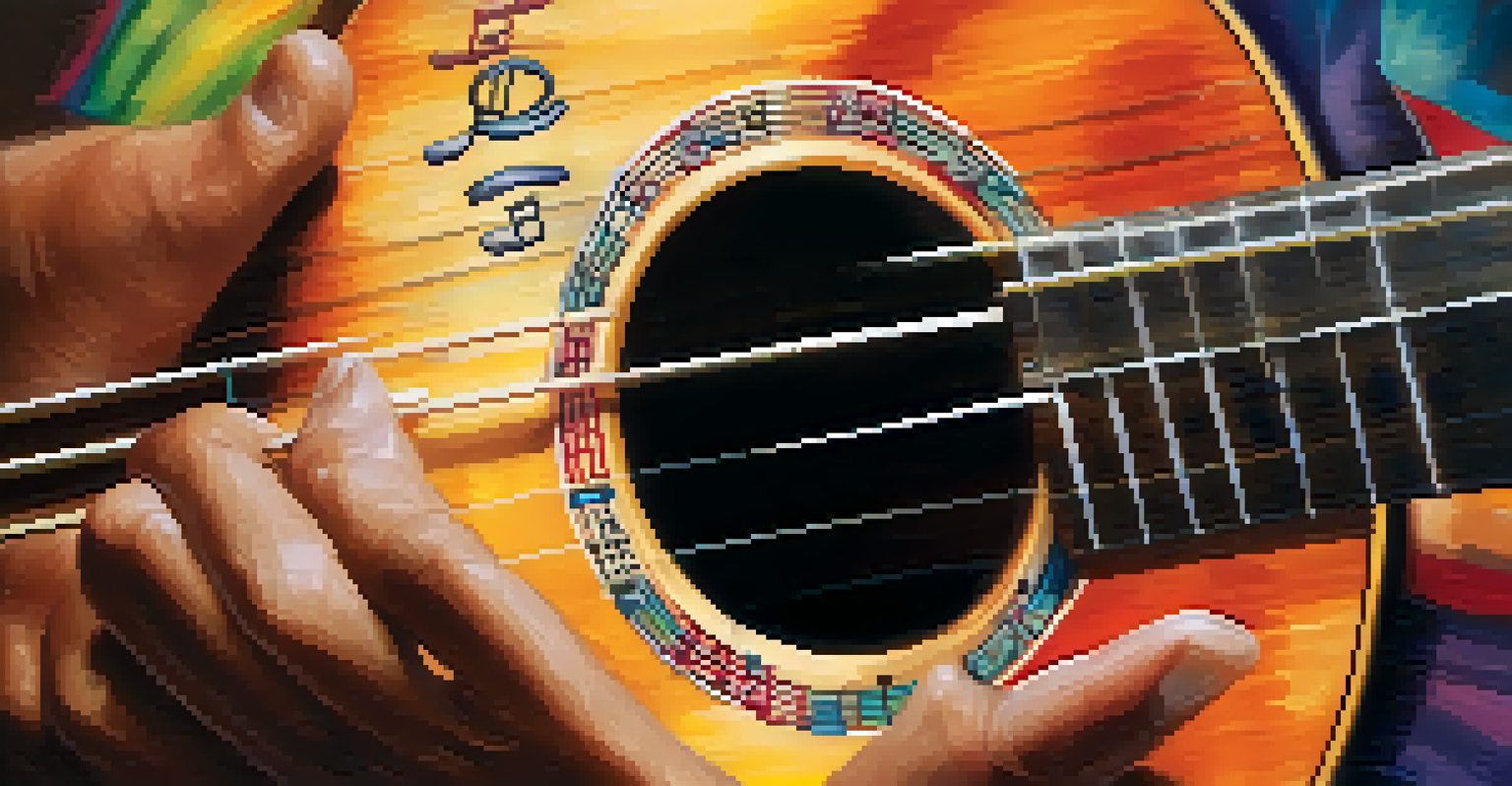 Close-up of hands strumming a ukulele with a blurred background of music notation.