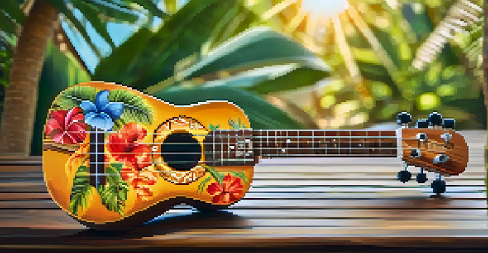 A hand-painted ukulele with tropical designs resting on a wooden table, illuminated by soft sunlight.