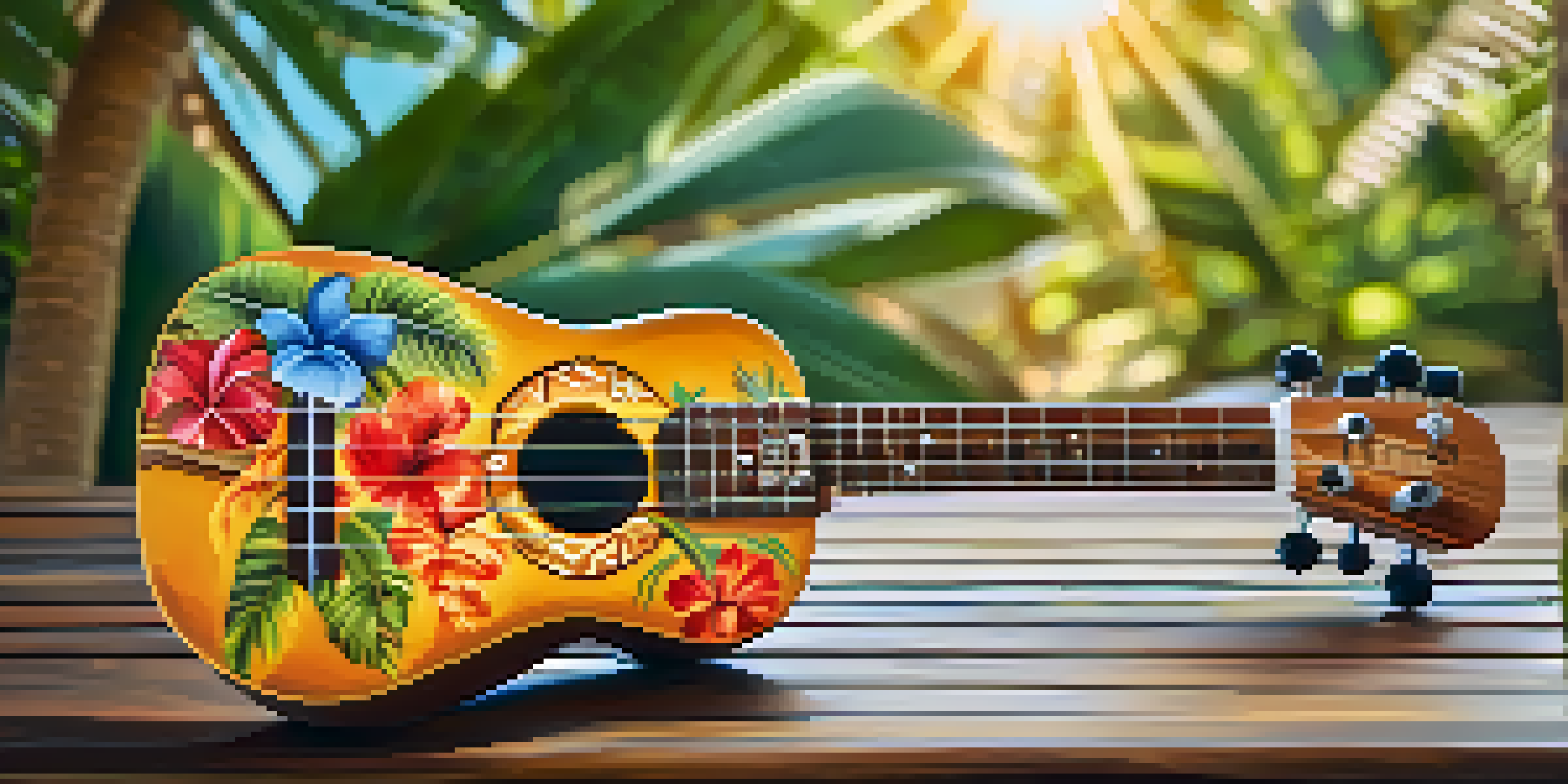 A hand-painted ukulele with tropical designs resting on a wooden table, illuminated by soft sunlight.