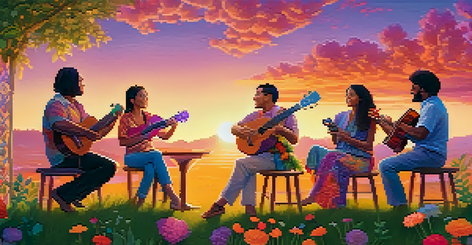 A diverse group of musicians joyfully playing ukuleles on a grassy hillside during a colorful sunset.
