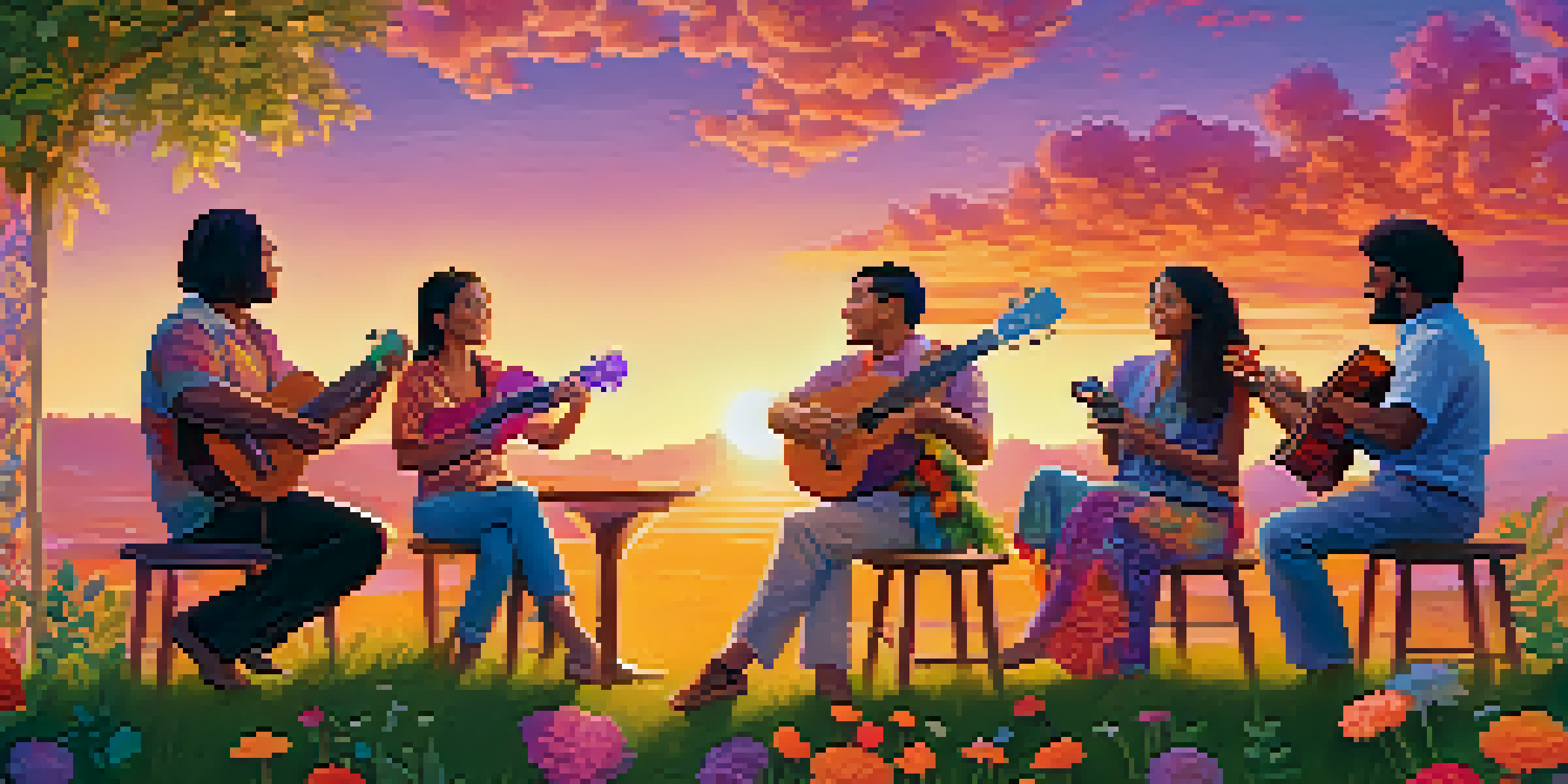 A diverse group of musicians joyfully playing ukuleles on a grassy hillside during a colorful sunset.