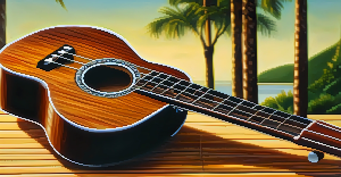 A close-up of a ukulele on a wooden table with sunlight reflecting off its surface and a blurred Hawaiian landscape in the background.
