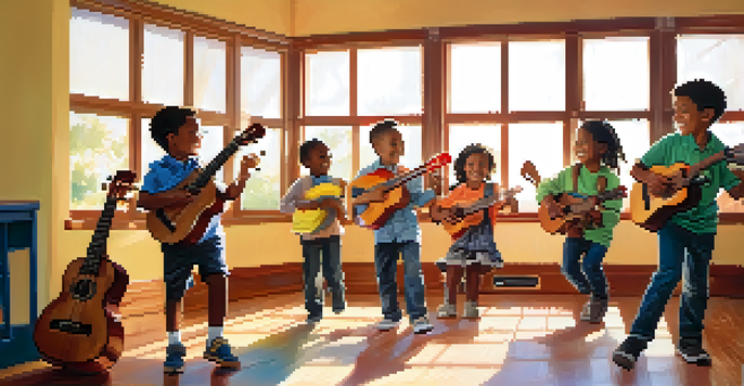 A classroom filled with children playing ukuleles, with a teacher smiling at them. Sunlight fills the room, creating a lively and warm environment.