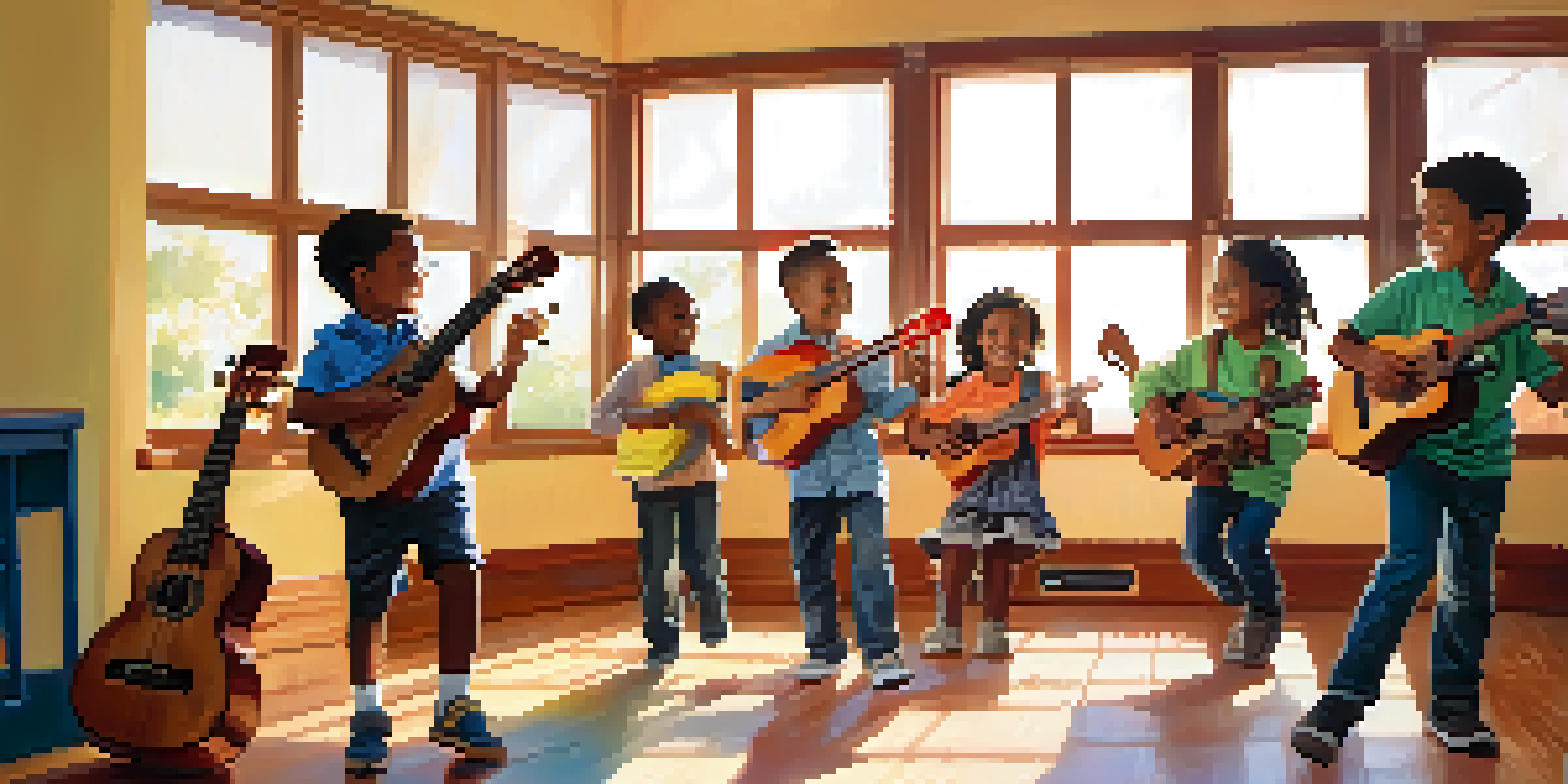 A classroom filled with children playing ukuleles, with a teacher smiling at them. Sunlight fills the room, creating a lively and warm environment.