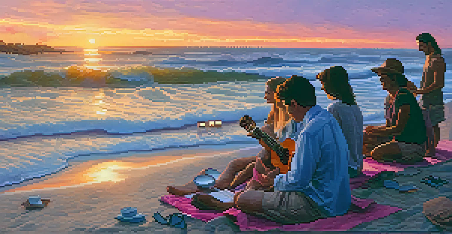 A ukulele player performing on a beach at sunset, with colorful skies and friends gathered around, enjoying the music.