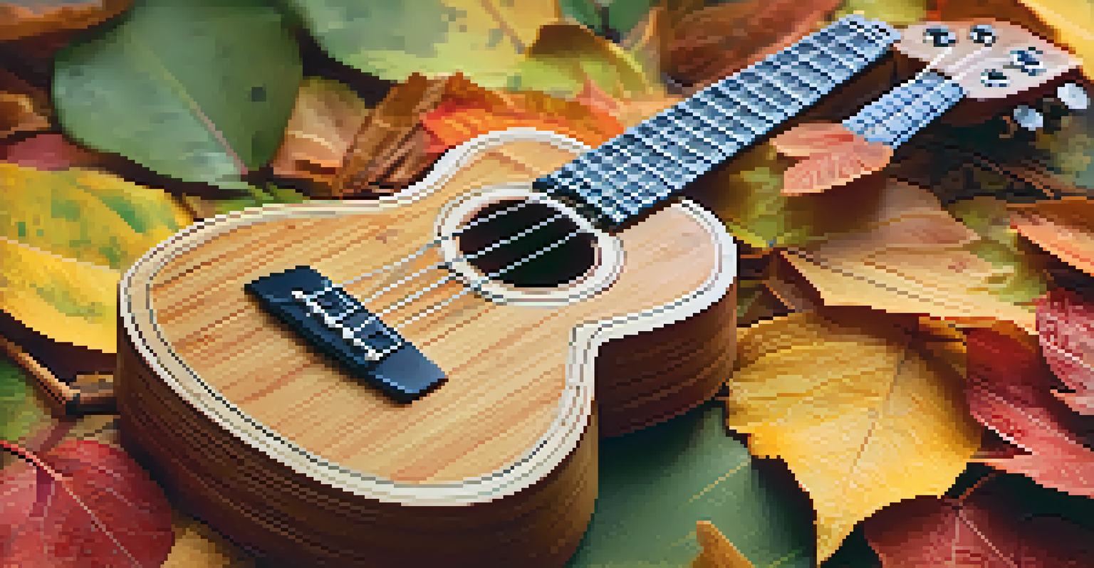 A close-up of a bamboo ukulele on autumn leaves, showcasing its craftsmanship and eco-friendliness.