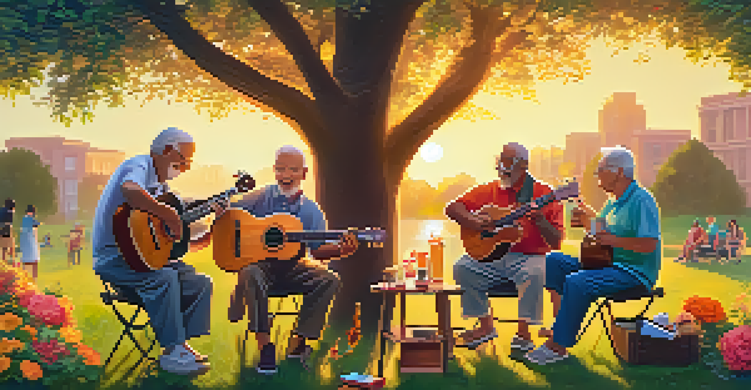 Seniors playing ukuleles in a park during a sunset, with picnic items and vibrant nature around them.