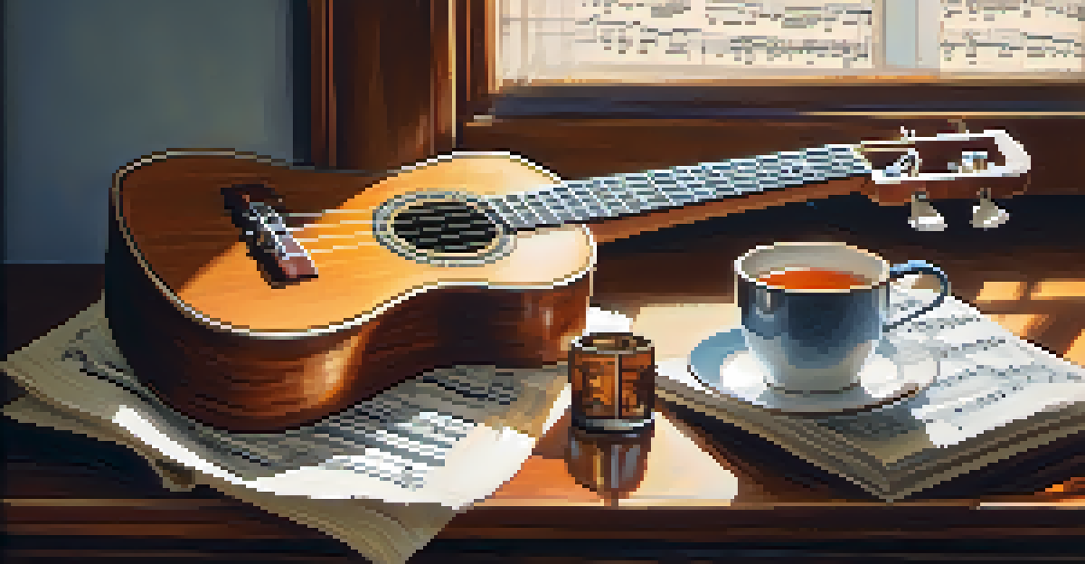 A close-up view of a ukulele on a wooden table with sheet music and a cup of tea, illuminated by warm natural light.