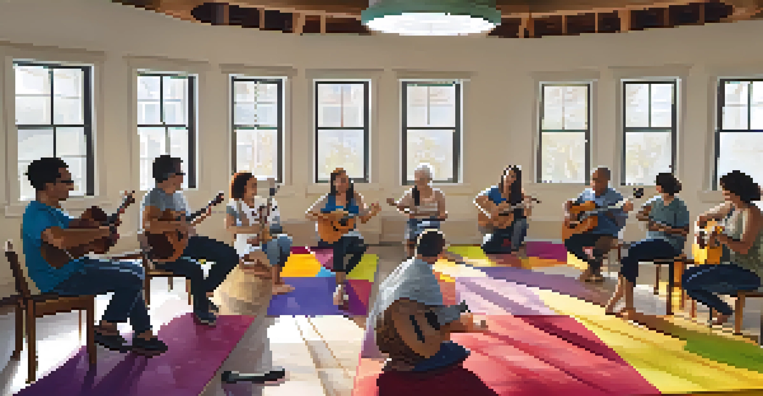 Participants in a ukulele workshop sitting in a circle, learning from an instructor in a bright and inviting room.
