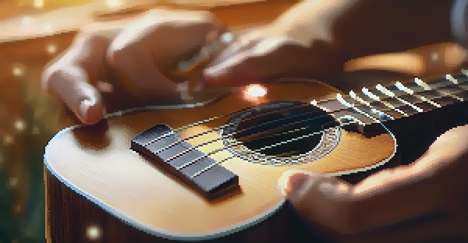 Close-up of hands playing a ukulele, showing its detailed wood grain and the soft golden hour light in the background.