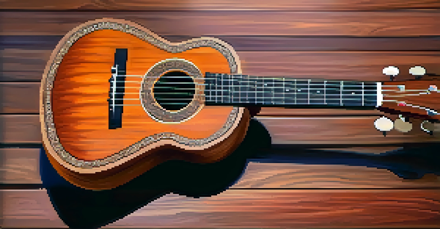 A close-up view of a mahogany ukulele on a wooden table, showcasing its smooth texture and grain patterns in natural light.