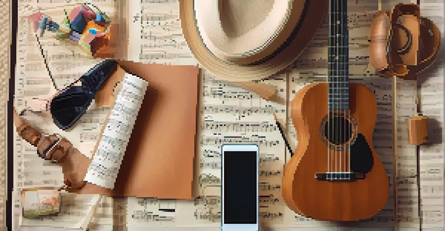 A flat lay of a ukulele, smartphone with a music app, and a music theory book on a textured fabric background.