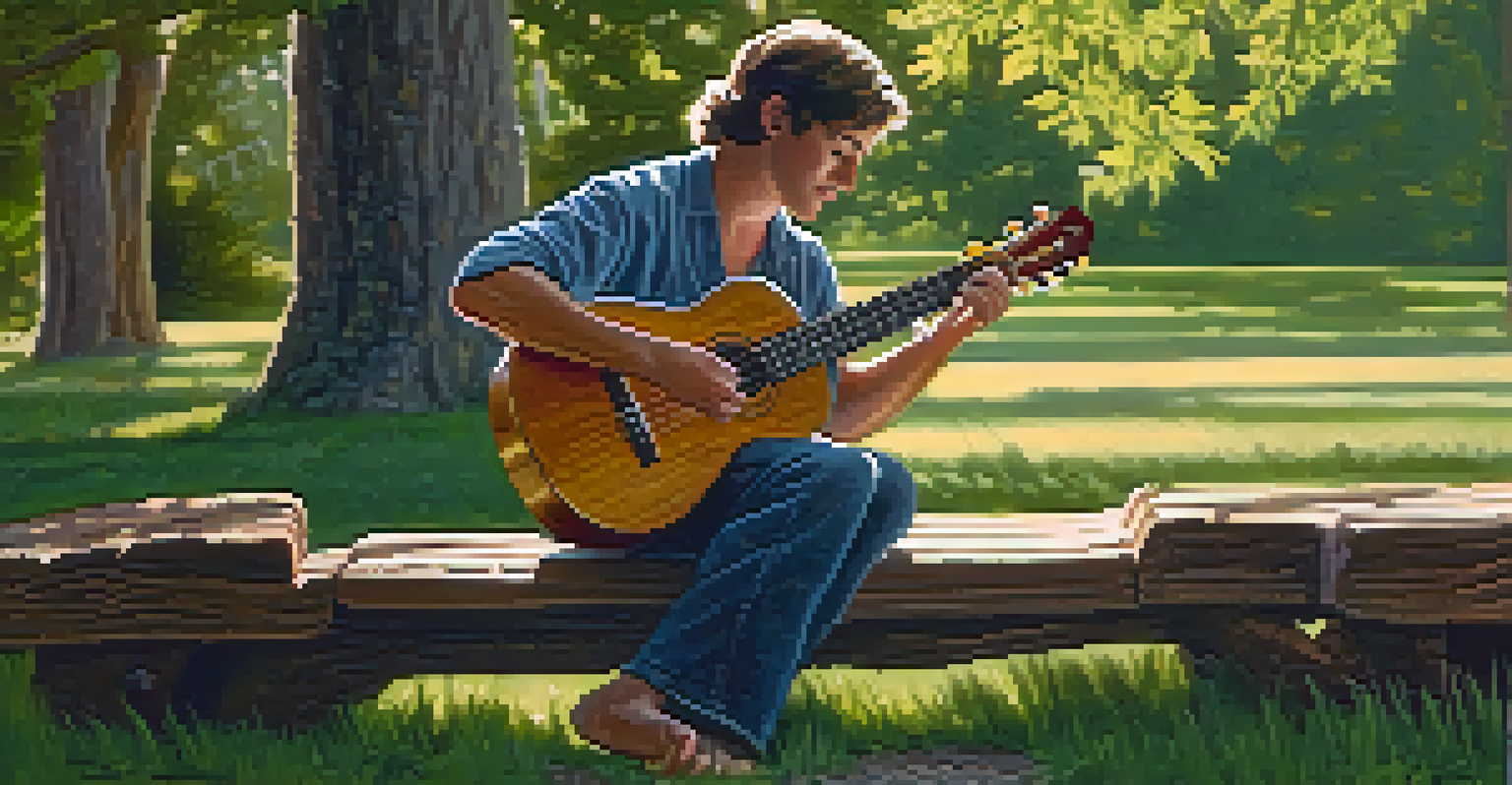 A musician tuning a ukulele on a wooden stand outdoors, surrounded by nature and dappled sunlight.