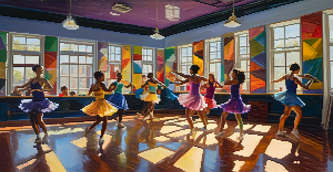 A lively dance studio with diverse dancers rehearsing a routine, illuminated by sunlight and surrounded by colorful decorations.