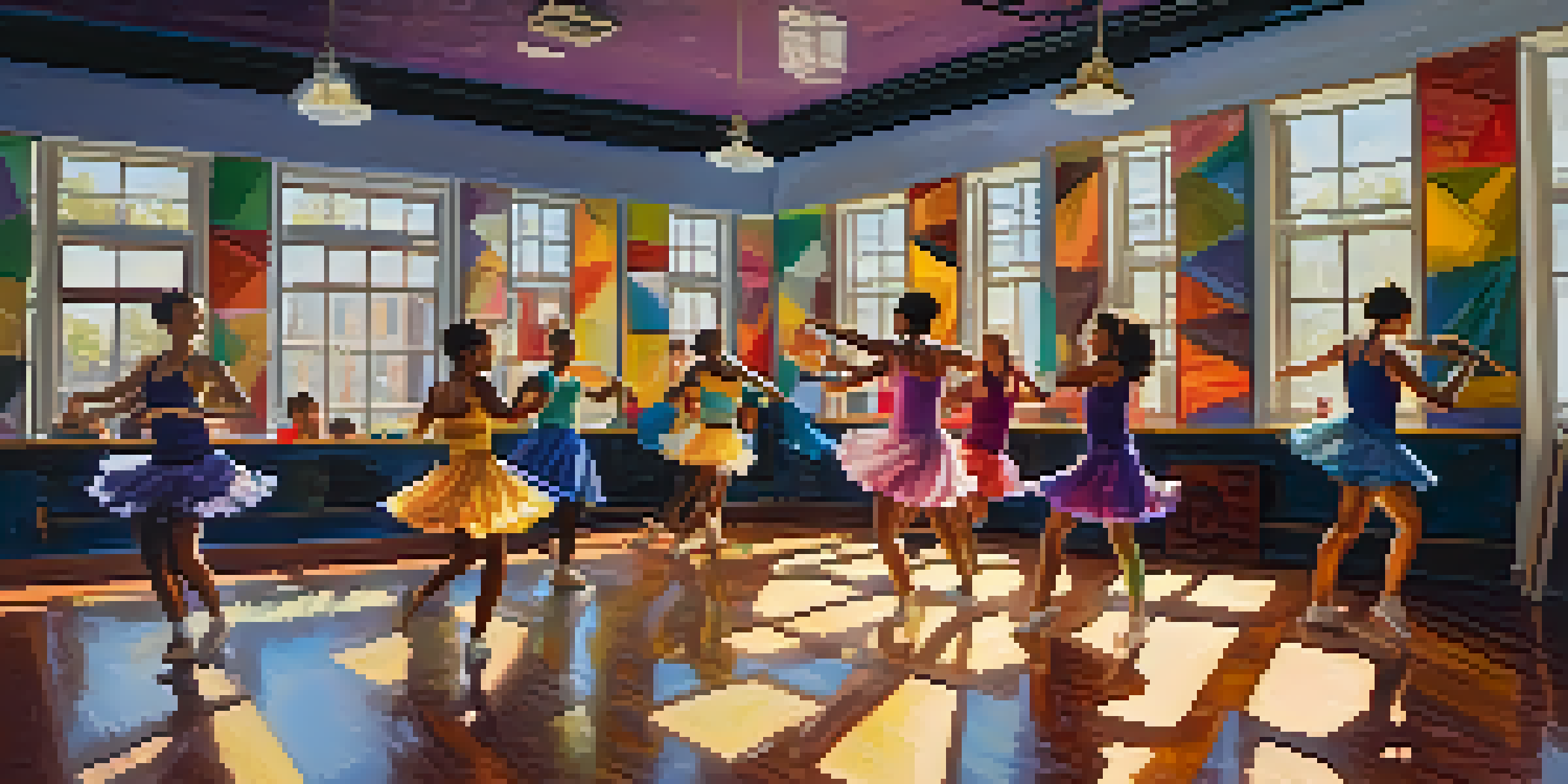 A lively dance studio with diverse dancers rehearsing a routine, illuminated by sunlight and surrounded by colorful decorations.