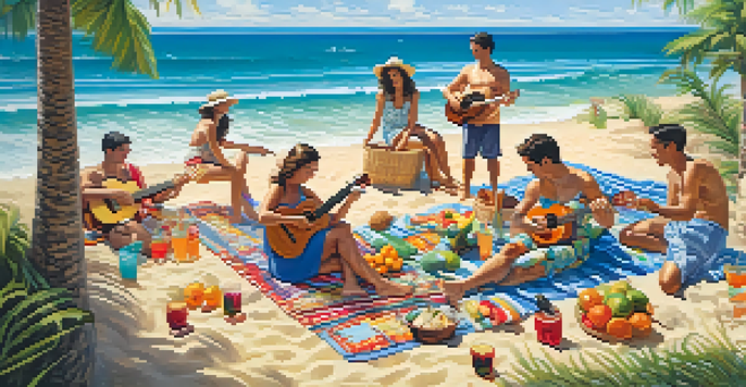 A sunny beach scene in Hawaii with people playing ukuleles, surrounded by picnic items and palm trees.