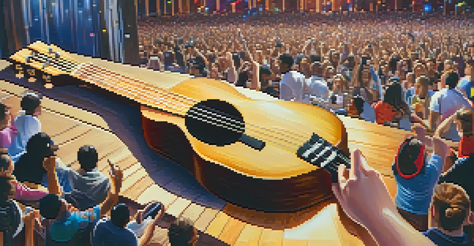 Close-up of hands playing a ukulele, with sunlight highlighting the wood grain, against a blurred backdrop of a lively hip-hop concert.