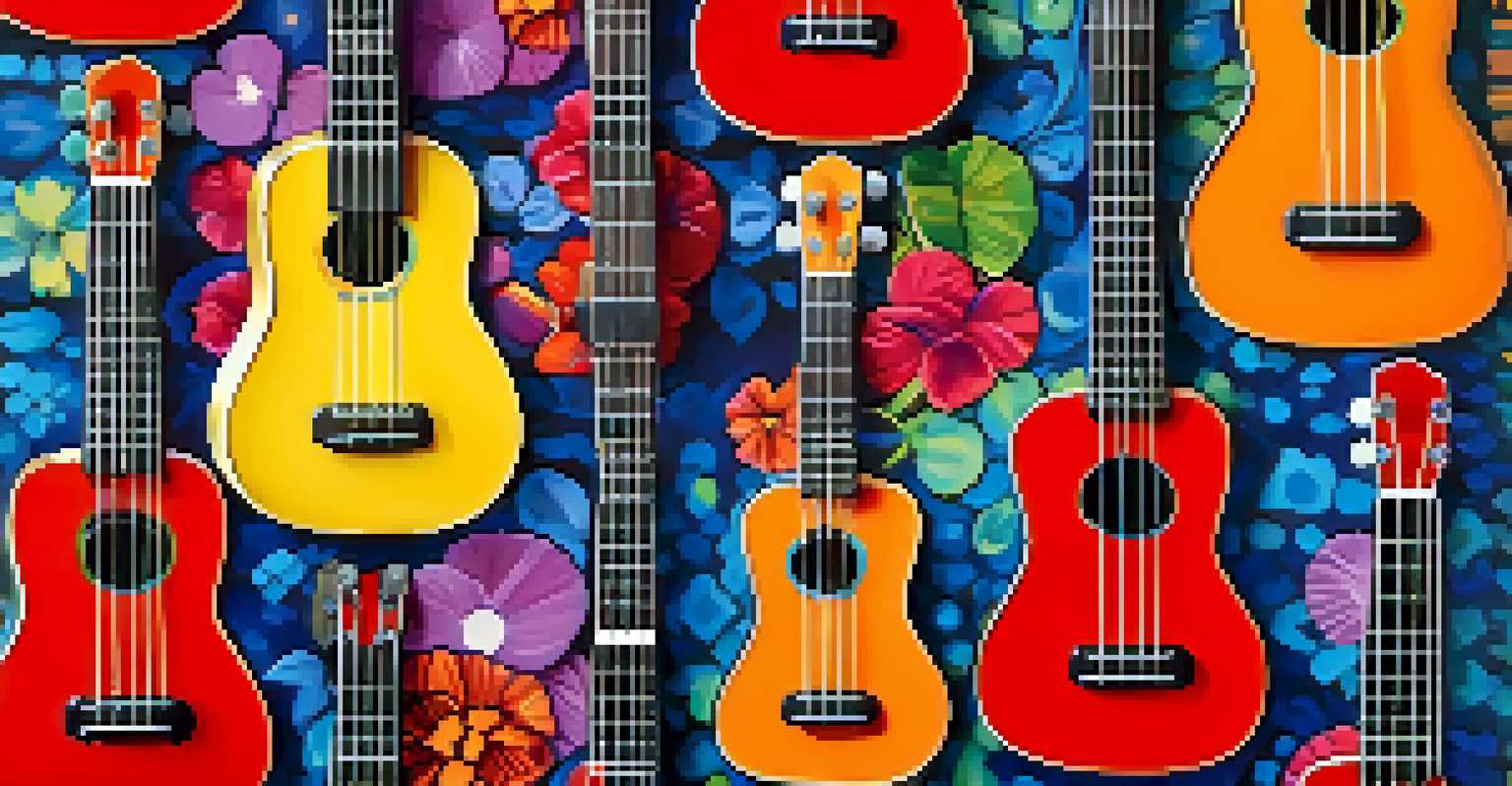 A vibrant arrangement of different ukulele sizes on a colorful fabric backdrop, showcasing their unique designs.