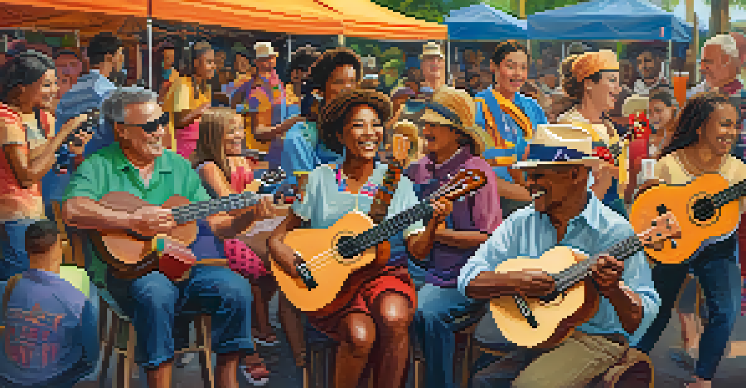 A lively ukulele festival with diverse musicians playing together in a colorful setting.