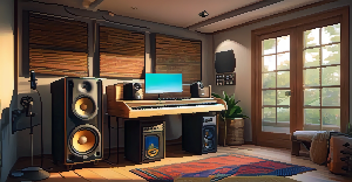 A cozy home recording studio with a computer and microphone set up for ukulele music, illuminated by soft natural light.