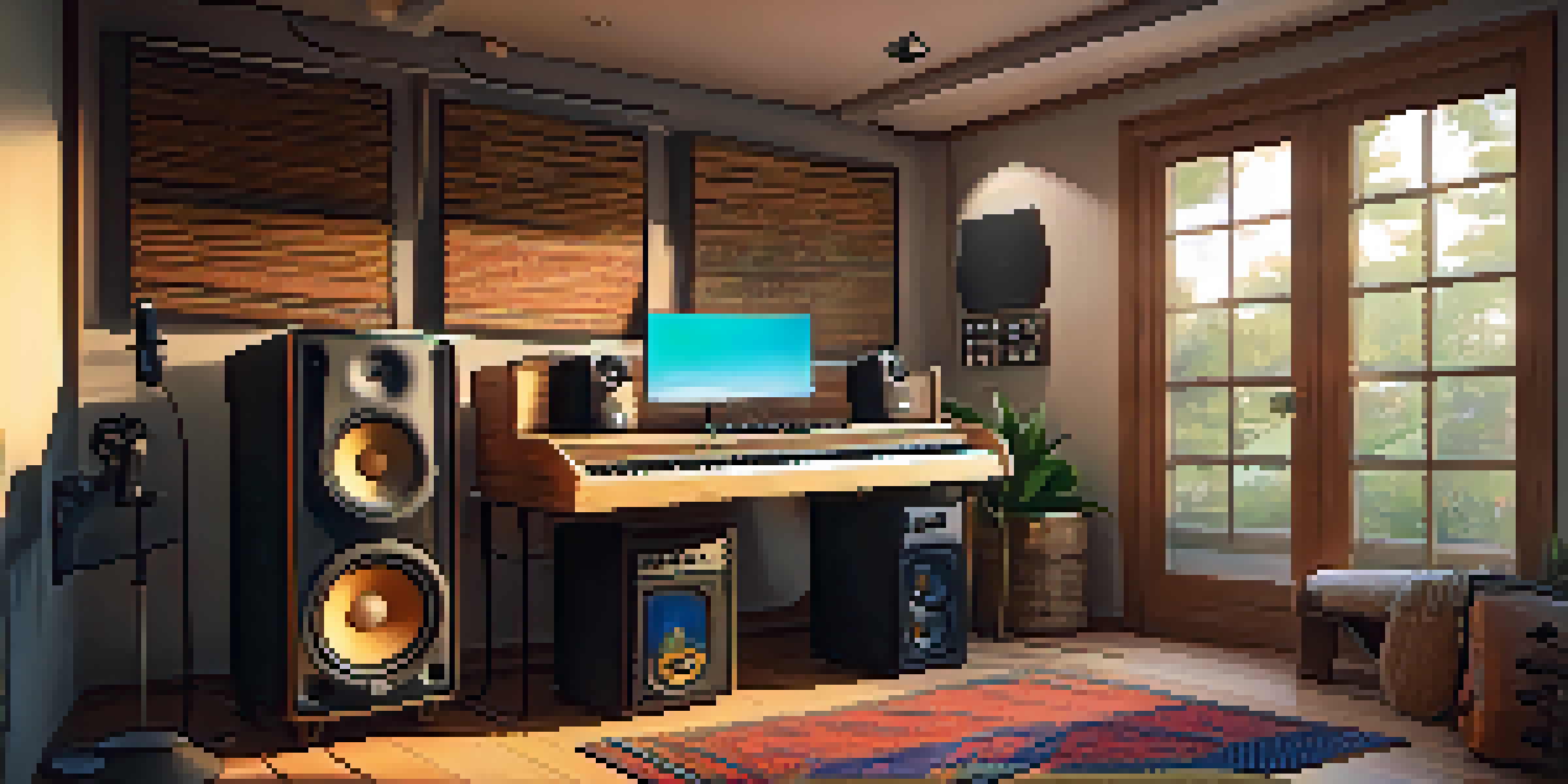 A cozy home recording studio with a computer and microphone set up for ukulele music, illuminated by soft natural light.