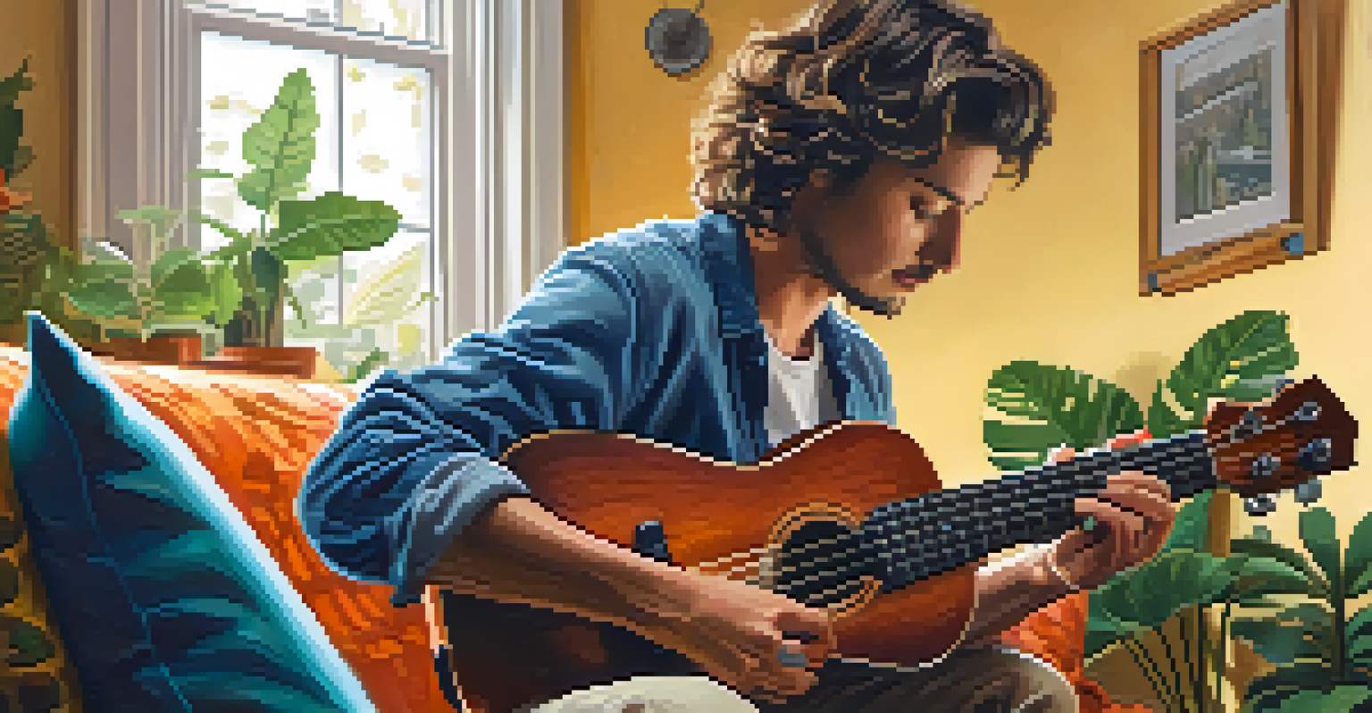 A musician tuning their ukulele in a cozy living room filled with cushions and plants, with a digital tuner in view.
