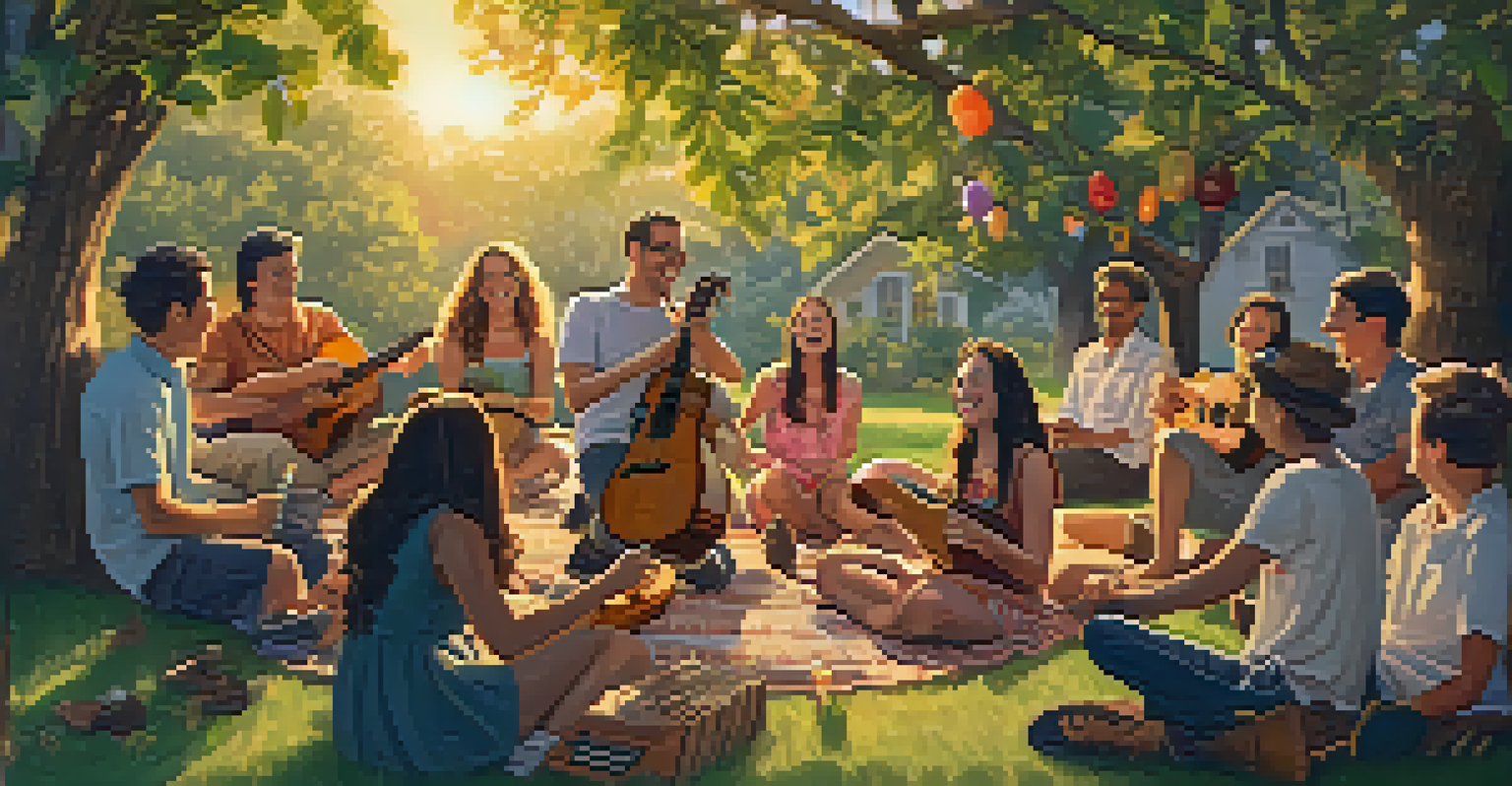 A group of friends playing ukuleles in a circle during a lively outdoor gathering, surrounded by colorful decorations and golden sunlight.