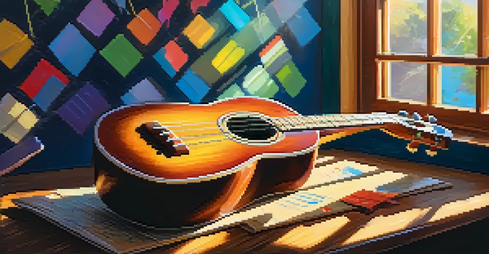 A ukulele on a wooden table with colorful musical notes and chromatic scale diagrams, illuminated by warm sunlight.