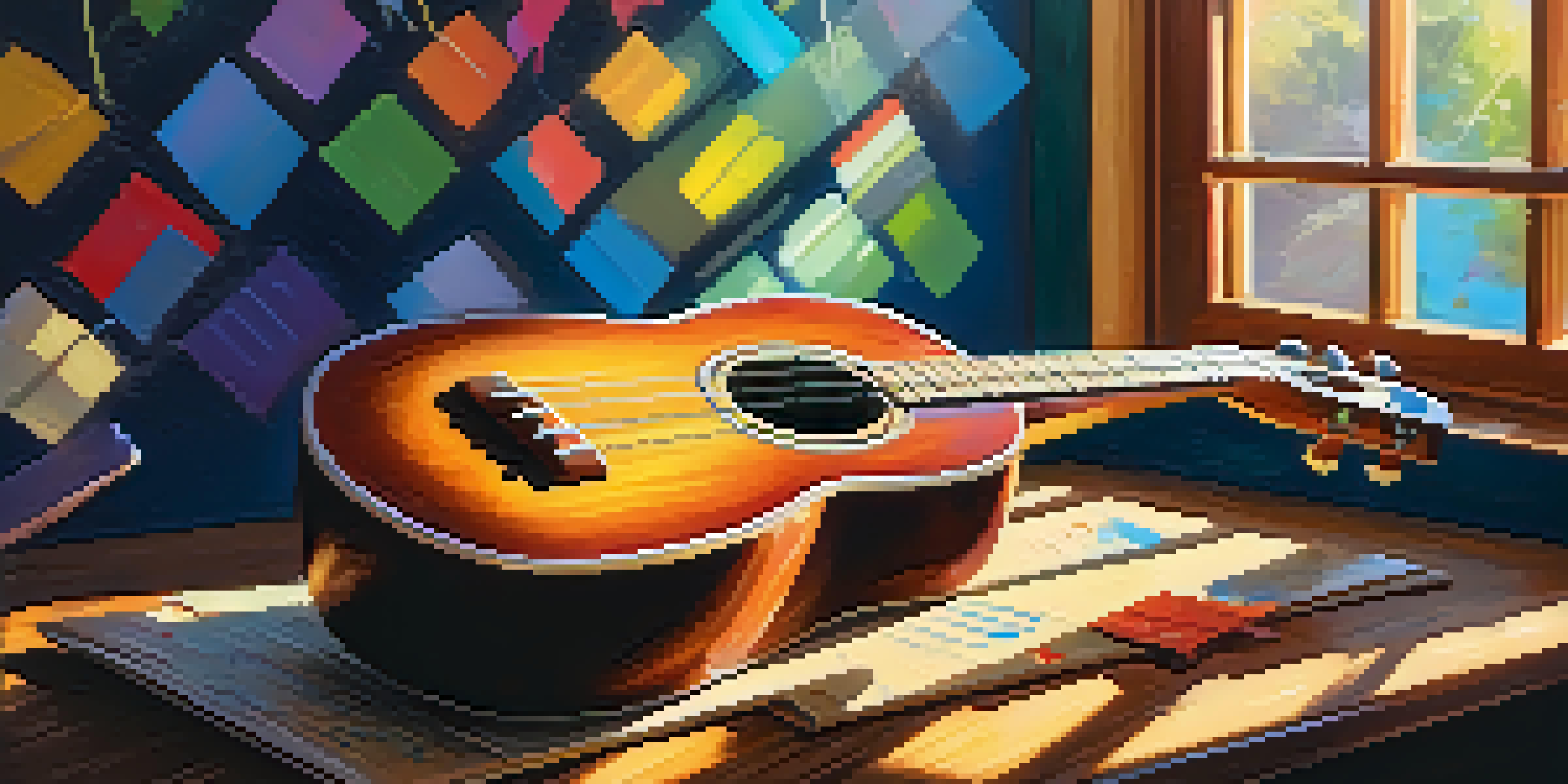 A ukulele on a wooden table with colorful musical notes and chromatic scale diagrams, illuminated by warm sunlight.