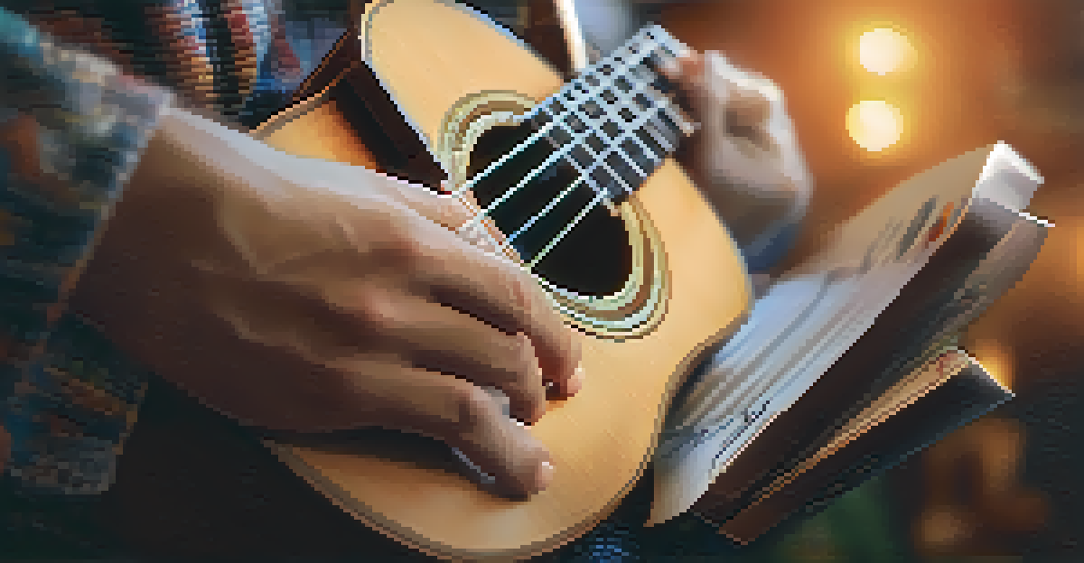 A musician's hands playing harmonics on a ukulele, with a blurred background of musical notes.