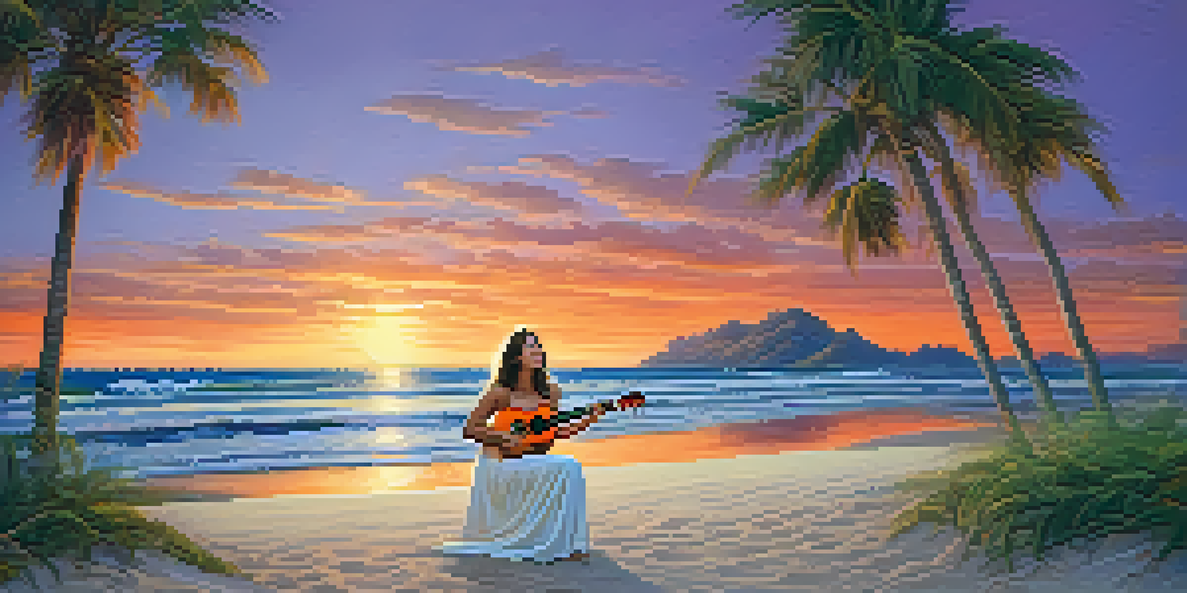 A young woman in a white dress playing a ukulele on a beach at sunset, with palm trees and colorful beach towels around her.