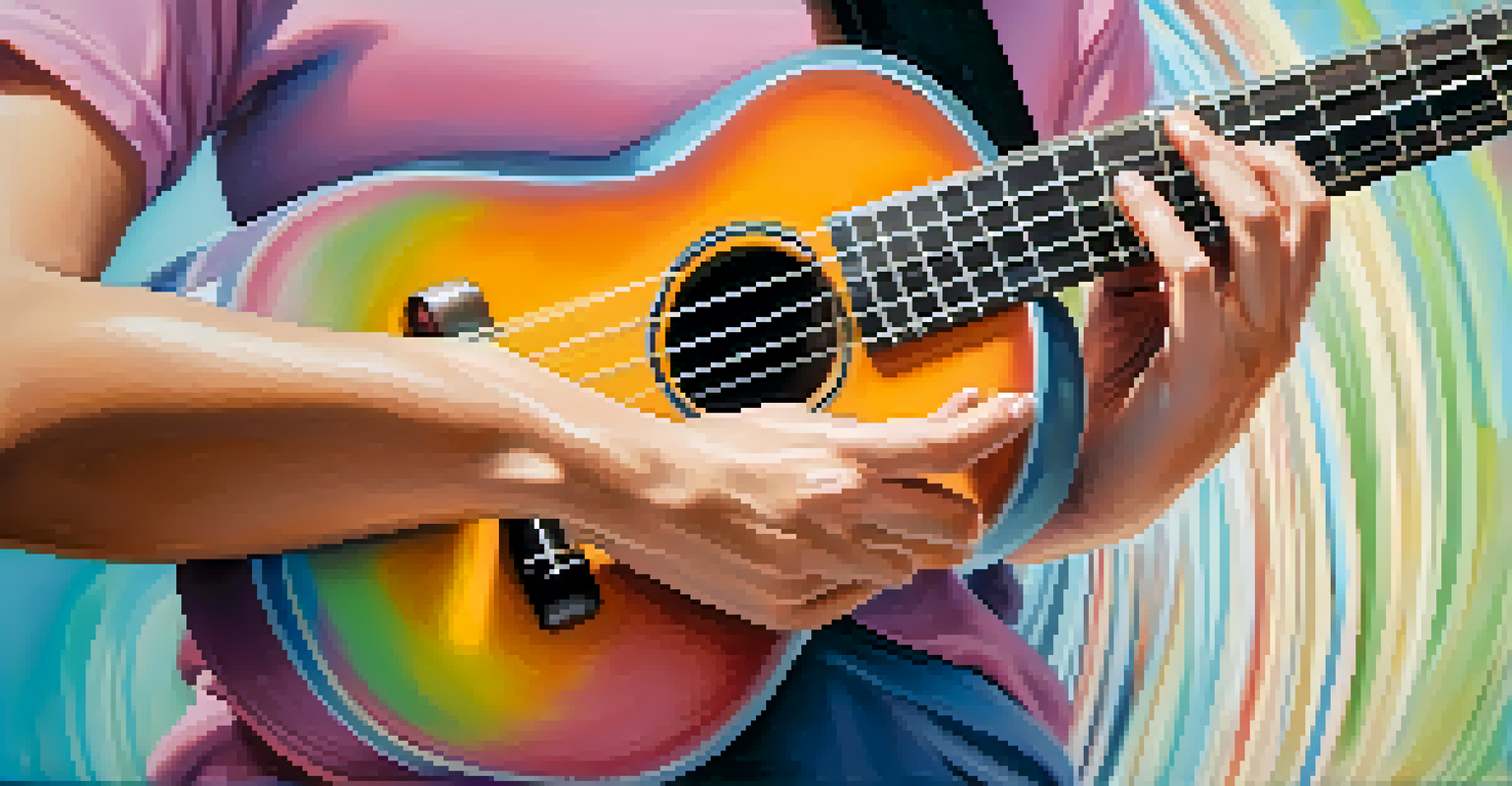 Close-up of hands playing a ukulele with colorful vibrations in the background.