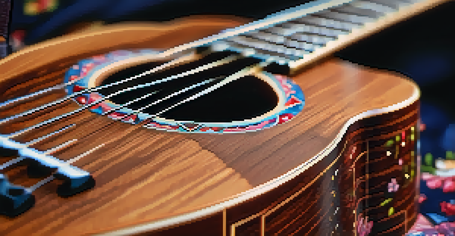 Close-up of a ukulele fretboard with custom floral and geometric inlays, showcasing detailed craftsmanship.