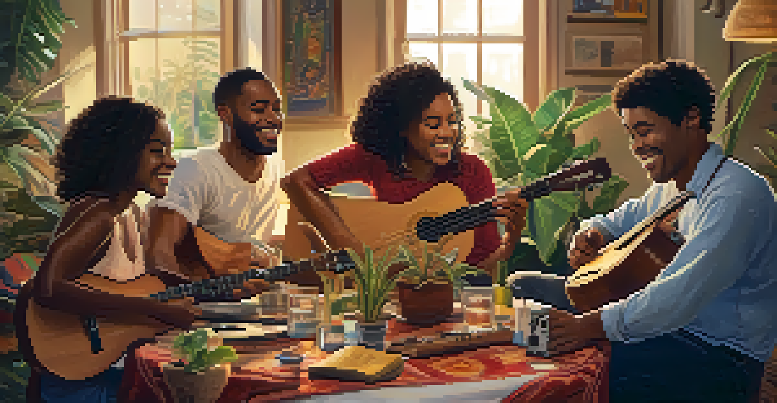 A group of friends playing various musical instruments including a ukulele in a cozy indoor setting, sharing laughter and music.