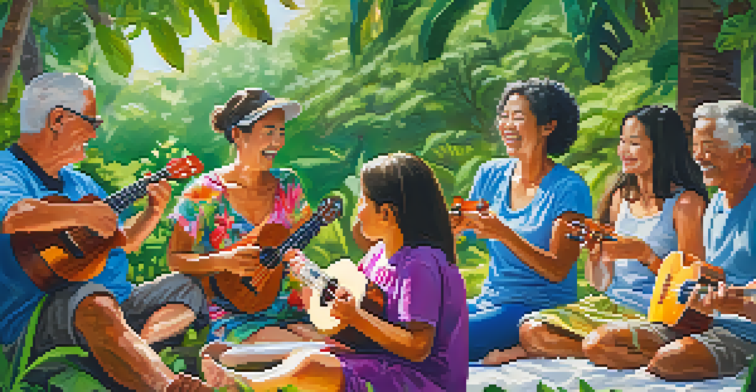 A diverse group of people in Hawaii participating in an outdoor ukulele workshop, surrounded by greenery and flowers.