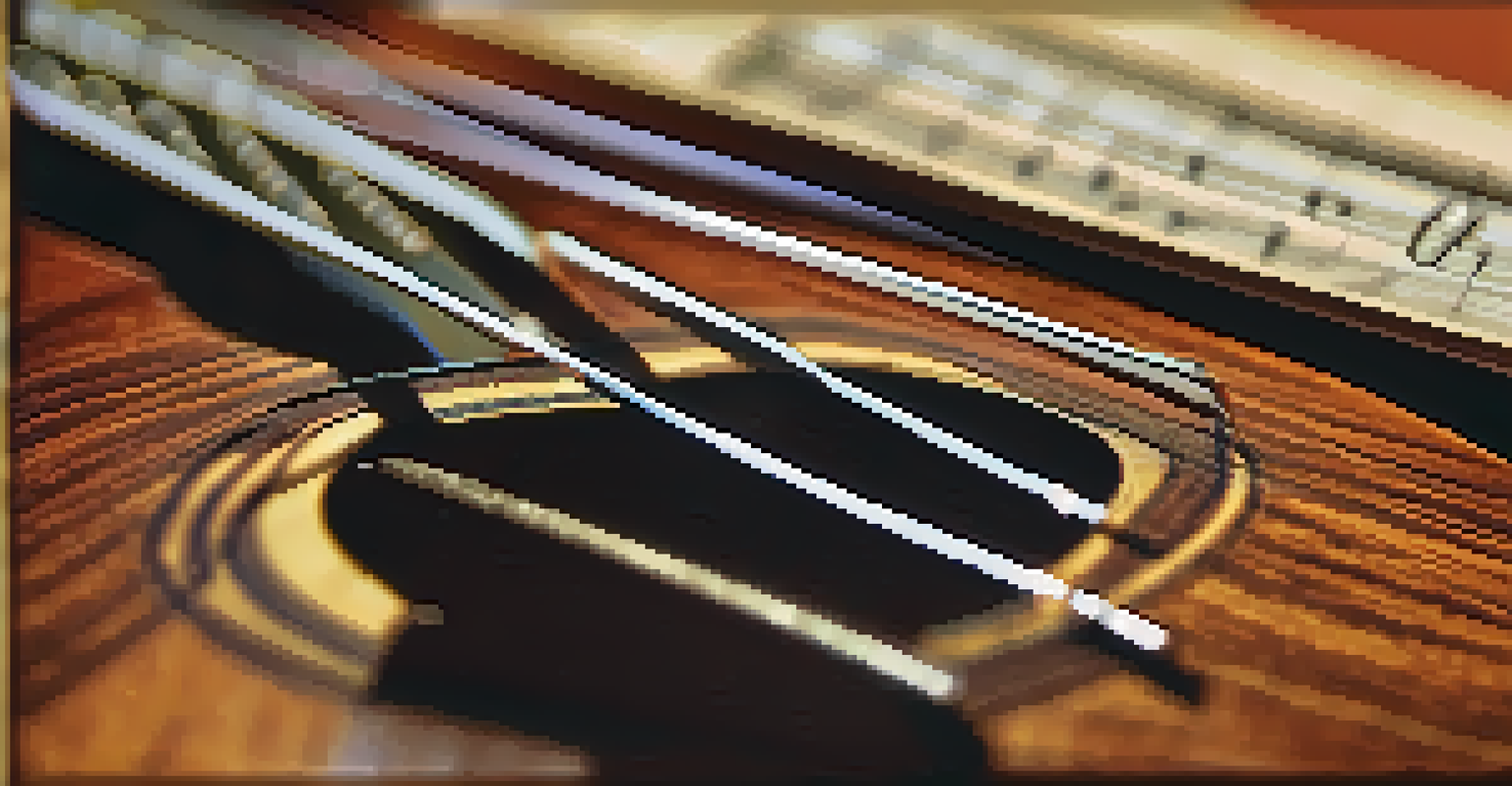 Close-up of a rosewood ukulele fingerboard with metal frets and blurred sheet music in the background.