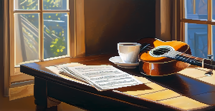 A ukulele on a wooden table with sunlight, sheet music, and a cup of coffee.