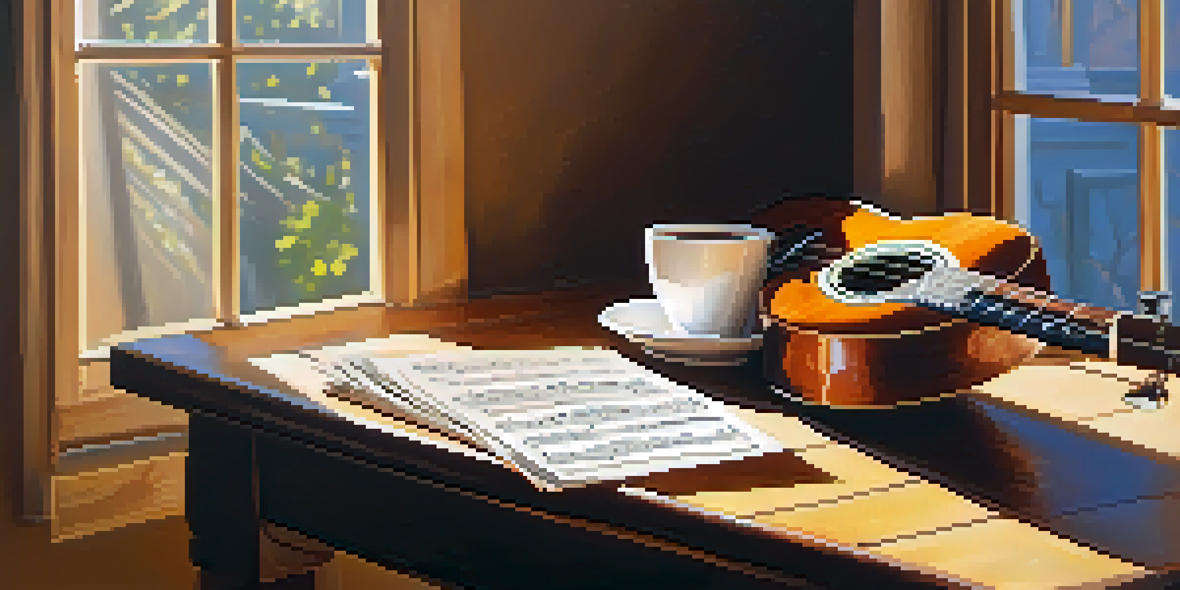 A ukulele on a wooden table with sunlight, sheet music, and a cup of coffee.