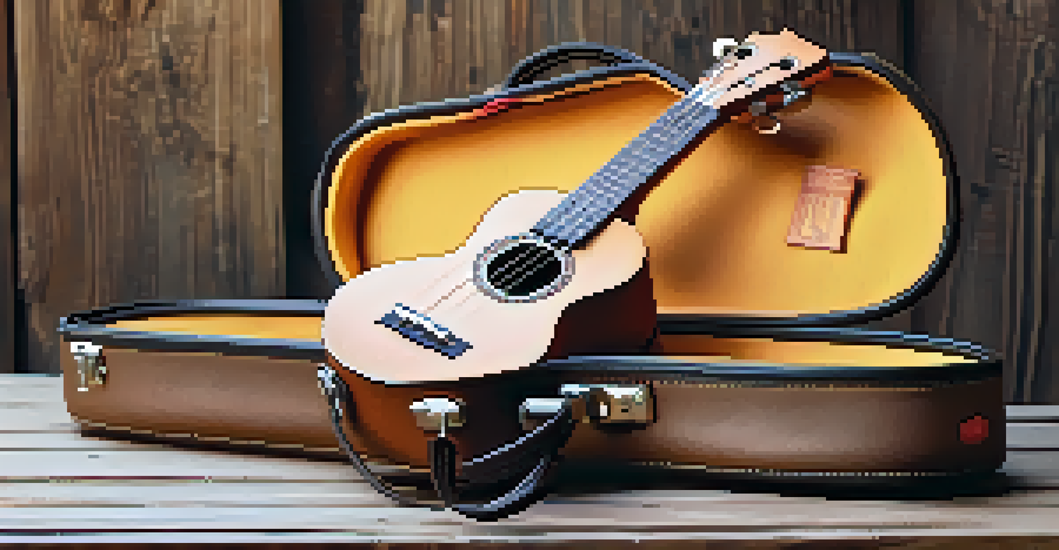 A stylish hybrid ukulele case partially unzipped to show its soft padding, set against a rustic wooden background with soft ambient lighting.