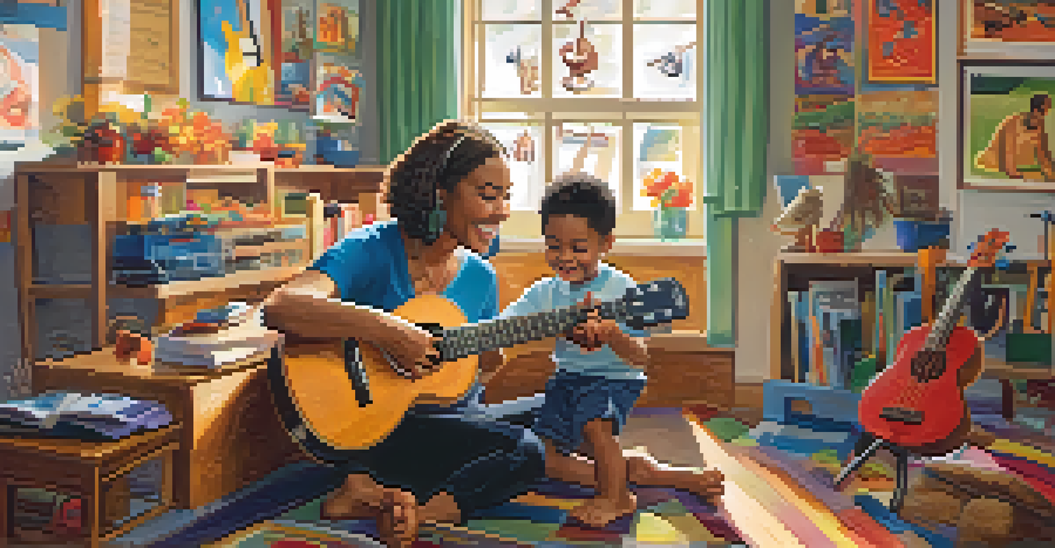 A child learning to play the ukulele with a smiling teacher in a colorful music classroom filled with educational posters.