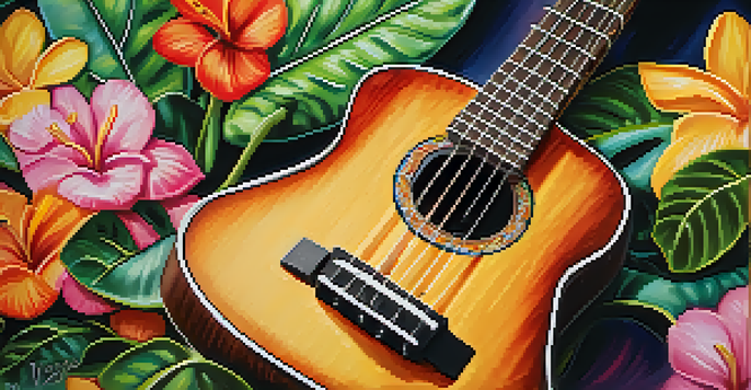 A close-up of a ukulele with a capo on the second fret, surrounded by colorful tropical flowers and soft sunlight.