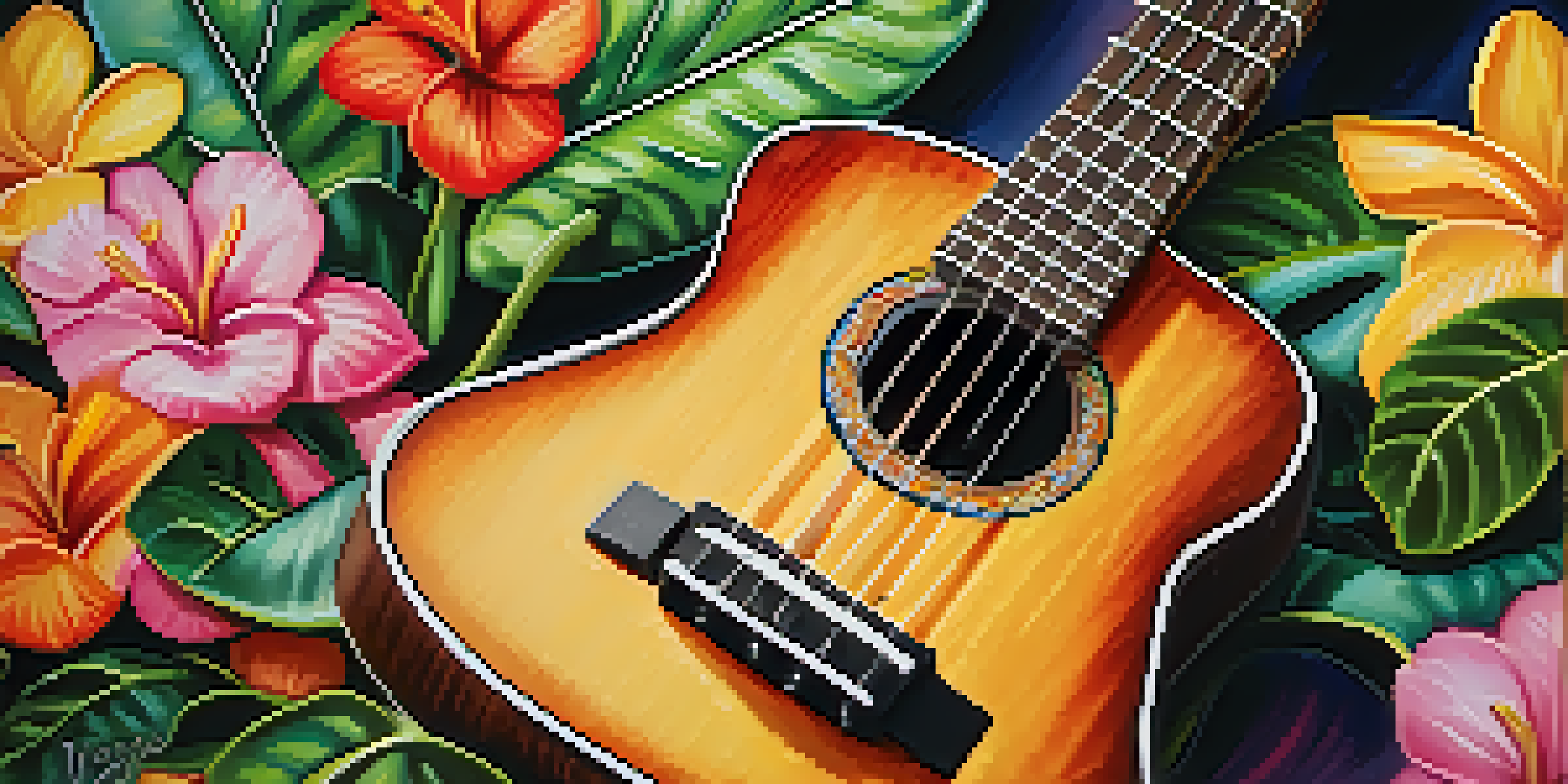 A close-up of a ukulele with a capo on the second fret, surrounded by colorful tropical flowers and soft sunlight.