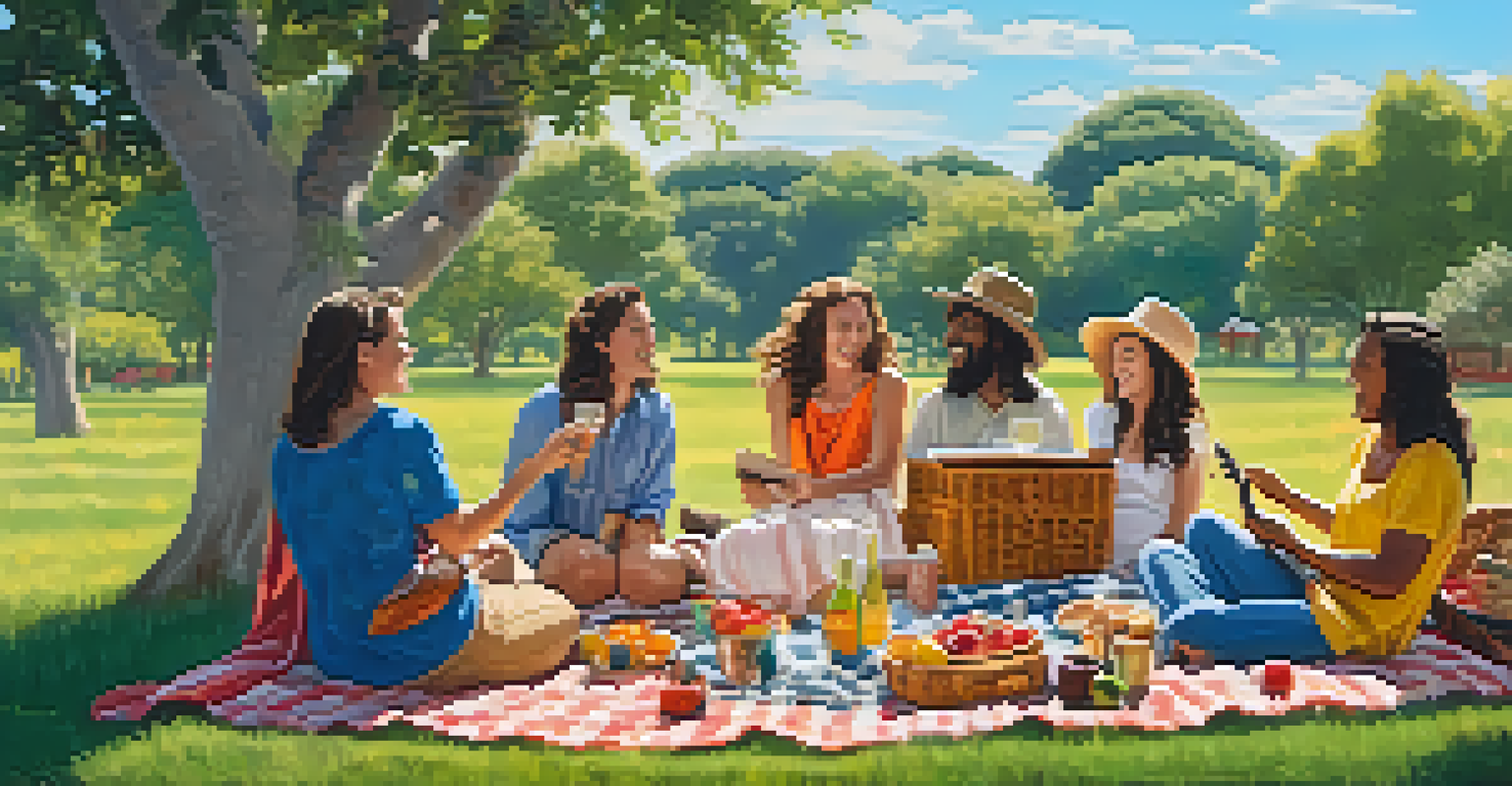Friends gathered around a picnic blanket, singing along with someone playing the ukulele outdoors.