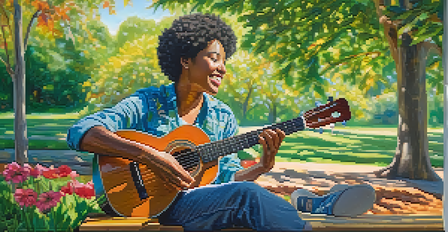 A person playing the ukulele on a park bench, enjoying the sunlight and surrounded by greenery and flowers.