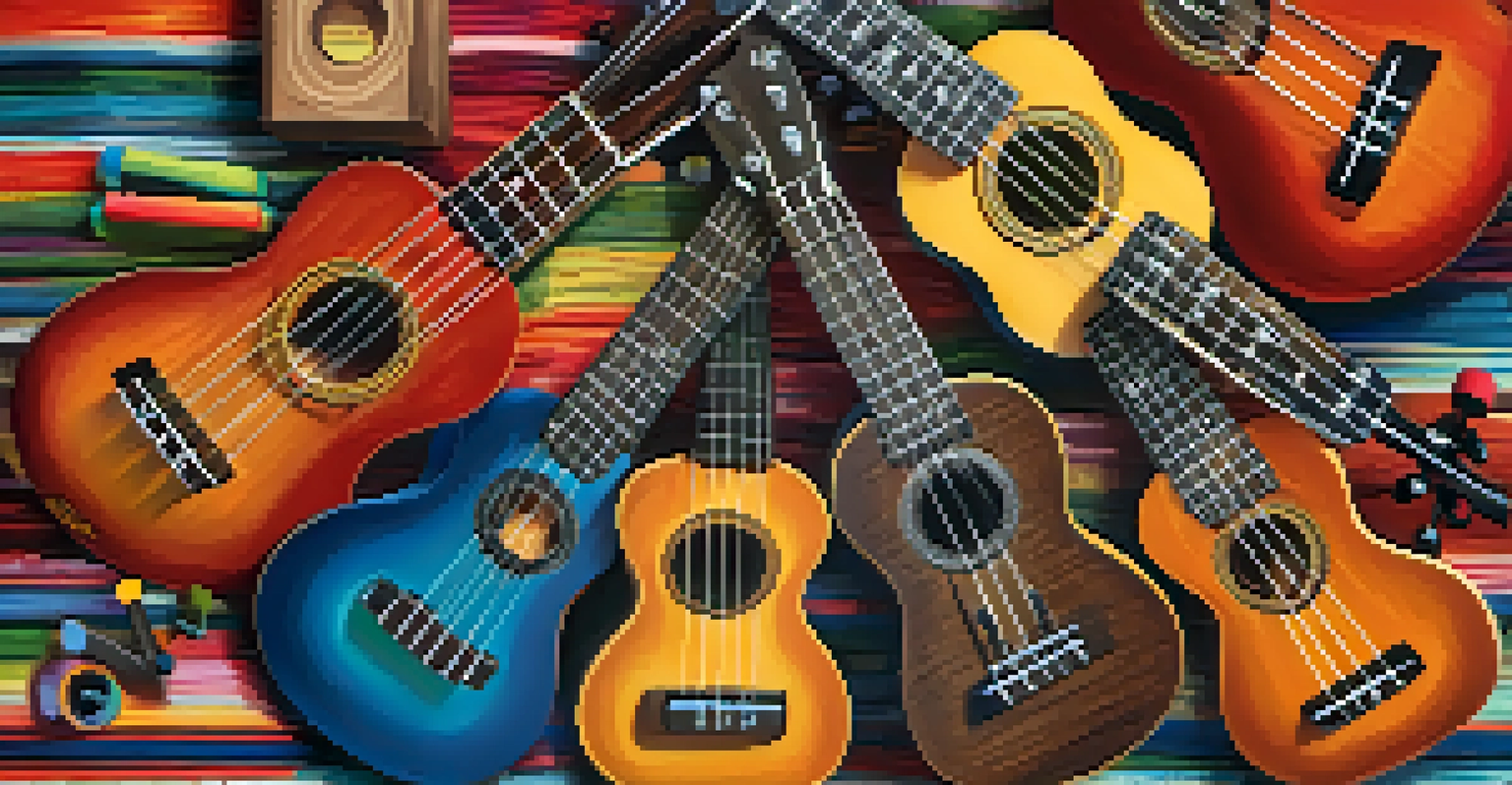 A flat lay of a soprano ukulele with various string gauges labeled by thickness and material, placed on a colorful fabric background.