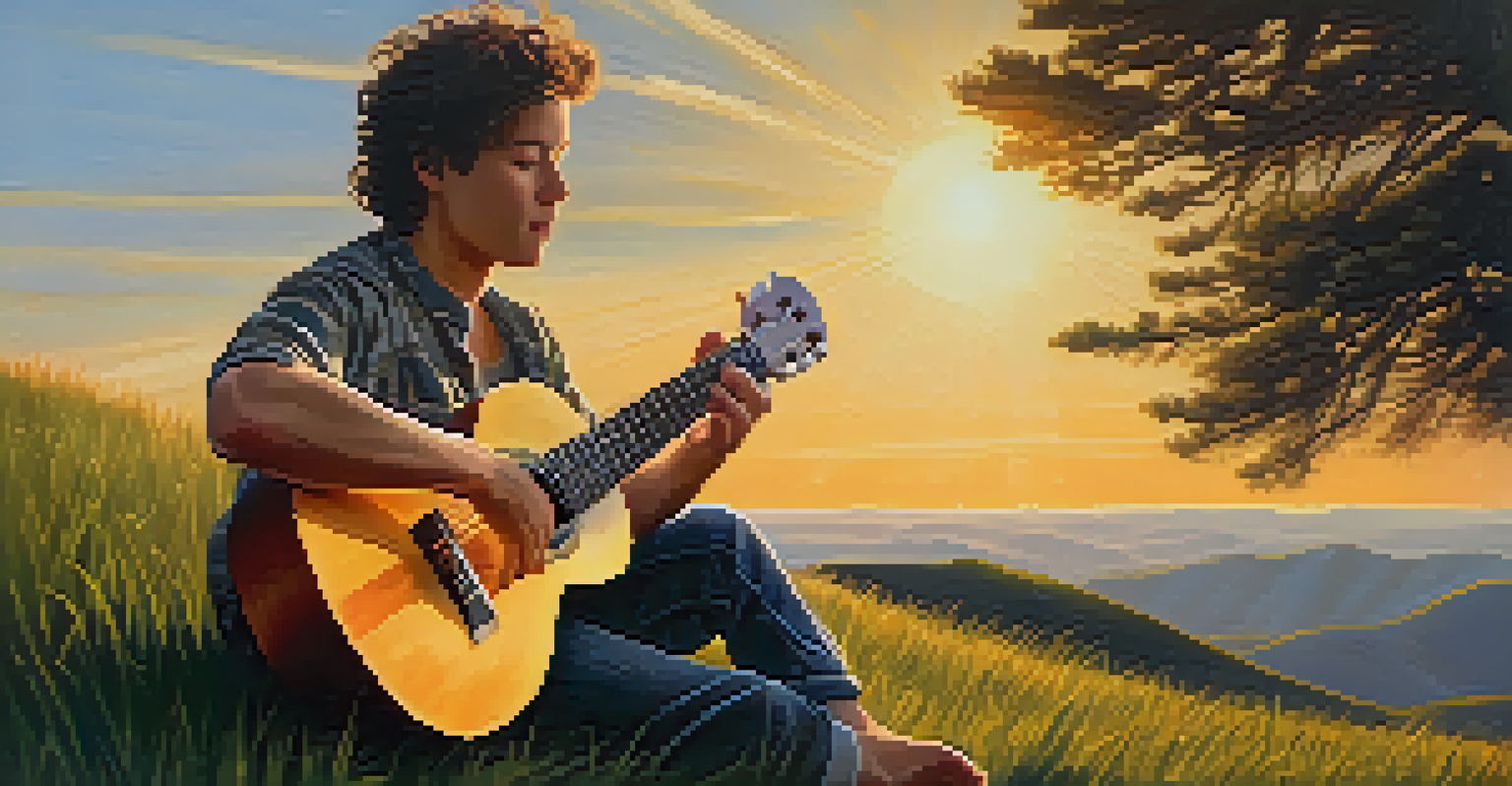 A musician on a grassy hill at sunset, playing a ukulele, with fingers performing a pull-off and musical notes floating in the air.
